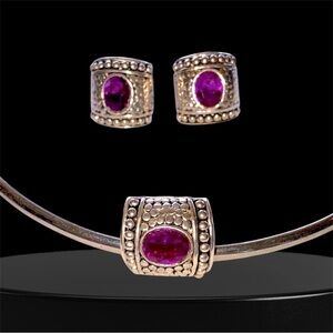 Y2K Pink Slide Pendant and Earrings Set Clip Earrings Antique Silver Tone Metal